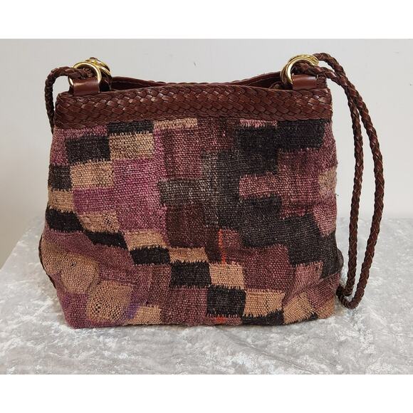 L.J. Simone New York Brown Leather with Wool Pattern Design Purse - Picture 2 of 7